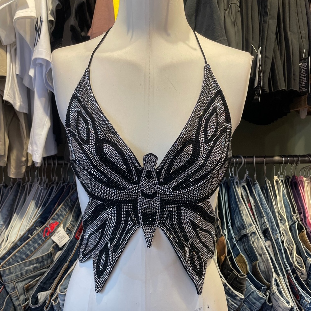 Kiki Riki Monarch Y2K Rhinestone Butterfly Halter Crop Top
